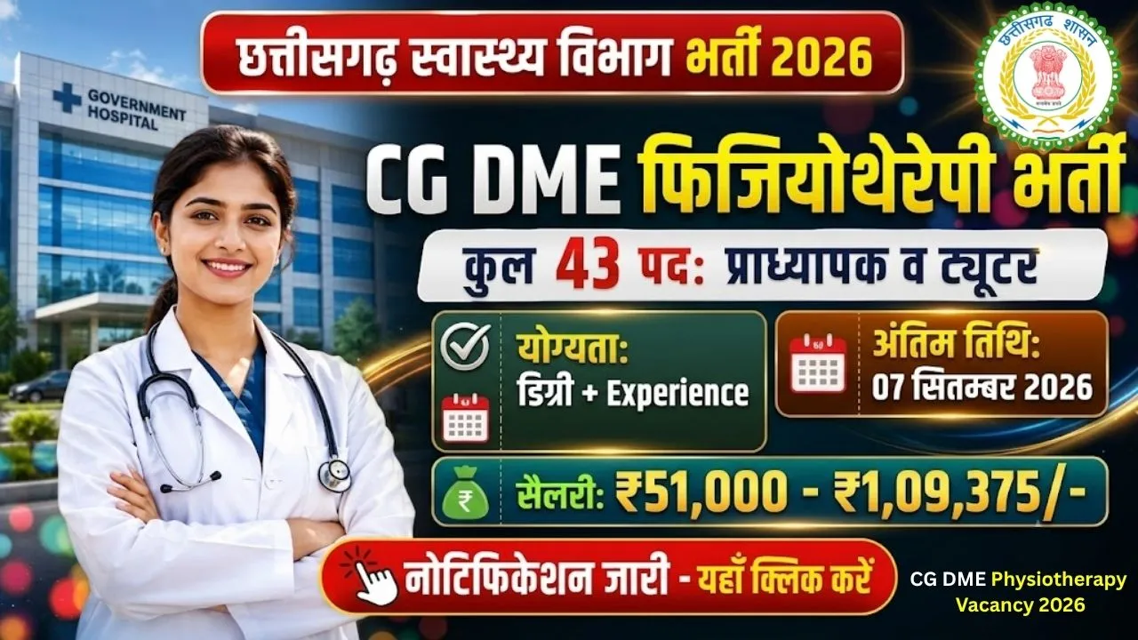 Professional recruitment thumbnail for CG DME Physiotherapy Recruitment 2026, showing 43 vacancies for Professor and Tutor, featuring Chhattisgarh government logo, medical icons, and 'Apply Now' button in Hindi.