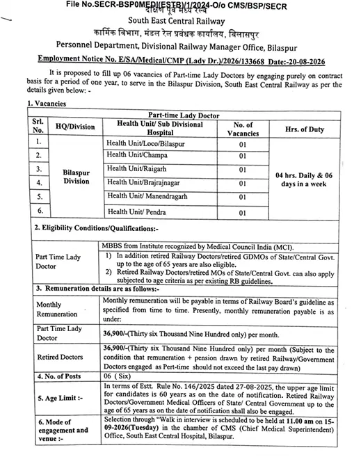 SECR Bilaspur Lady Doctor Recruitment 2026