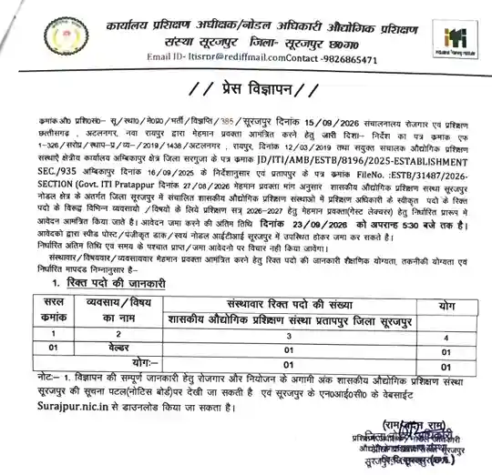 Surajpur ITI Guest Lecturer Recruitment 2026