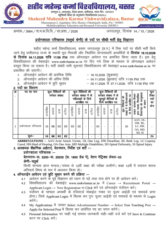SMKV Bastar Lab Atendent Vacancy 2026