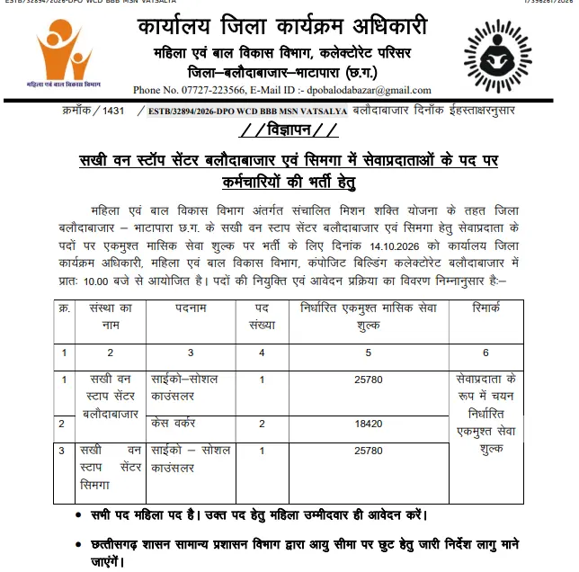 WCD Balodabazar One Stop Center Bharti 2026